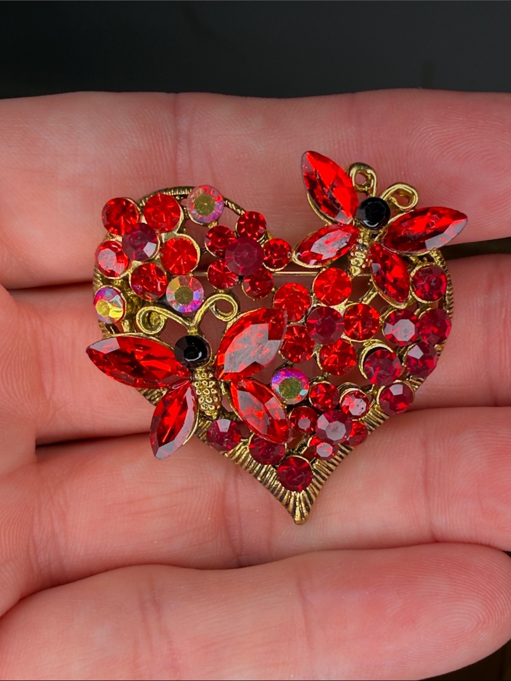Red Crystal Heart Brooch with Butterfly Accents